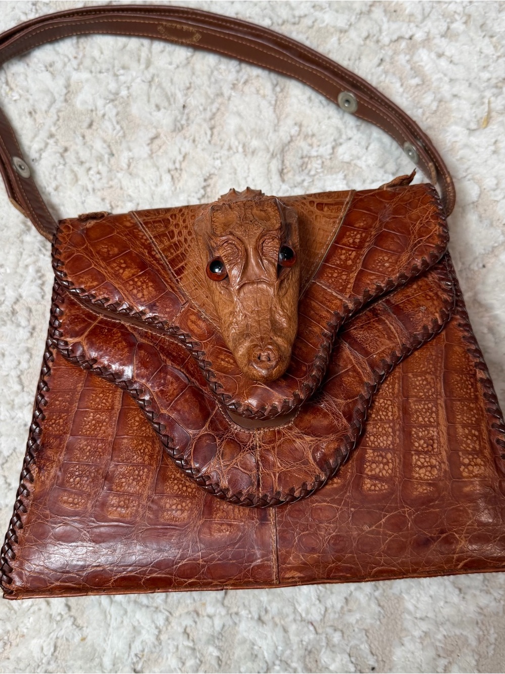 Vintage Brown Crocodile Embossed Leather Shoulder Bag with Alligator Detail